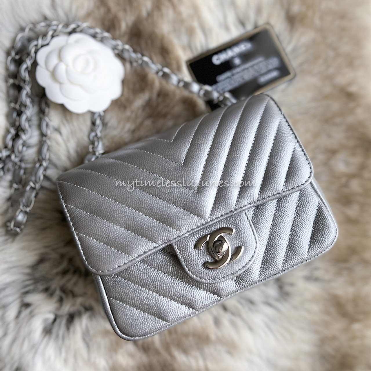 Chanel Silver Chevron Pearl Lambskin Rectangular Mini Flap Bag SHW