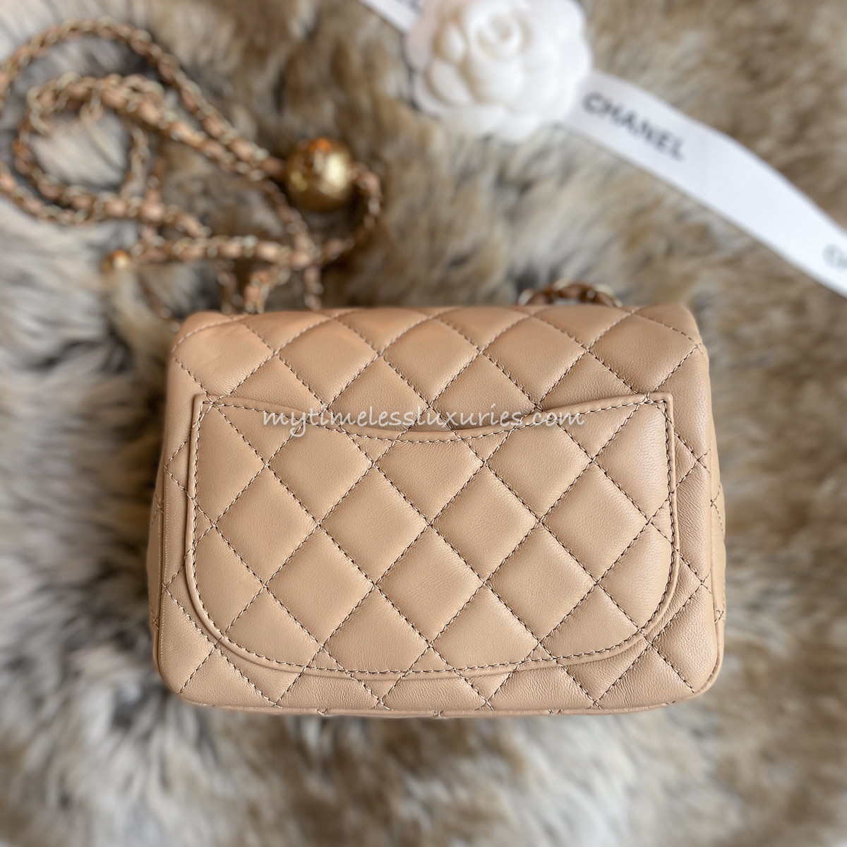delete CHANEL 22C Beige Pearl Crush Square Mini GHW *New