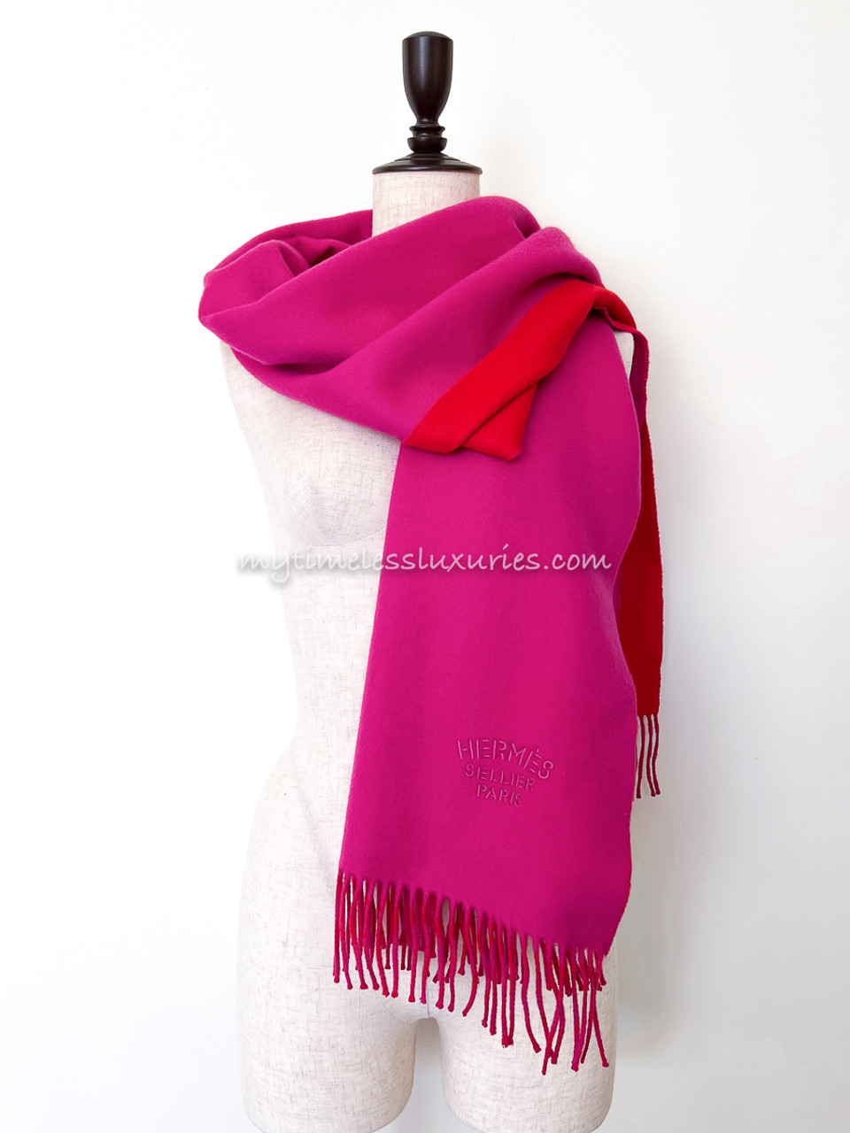 HERMES Double Face Cashmere Stole Fuchsia