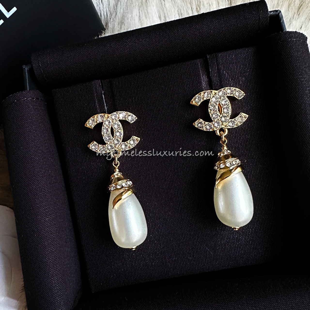 Chanel Gold Tone CC Strass  Pearl Dangle Earrings  myGemma  Item 122310