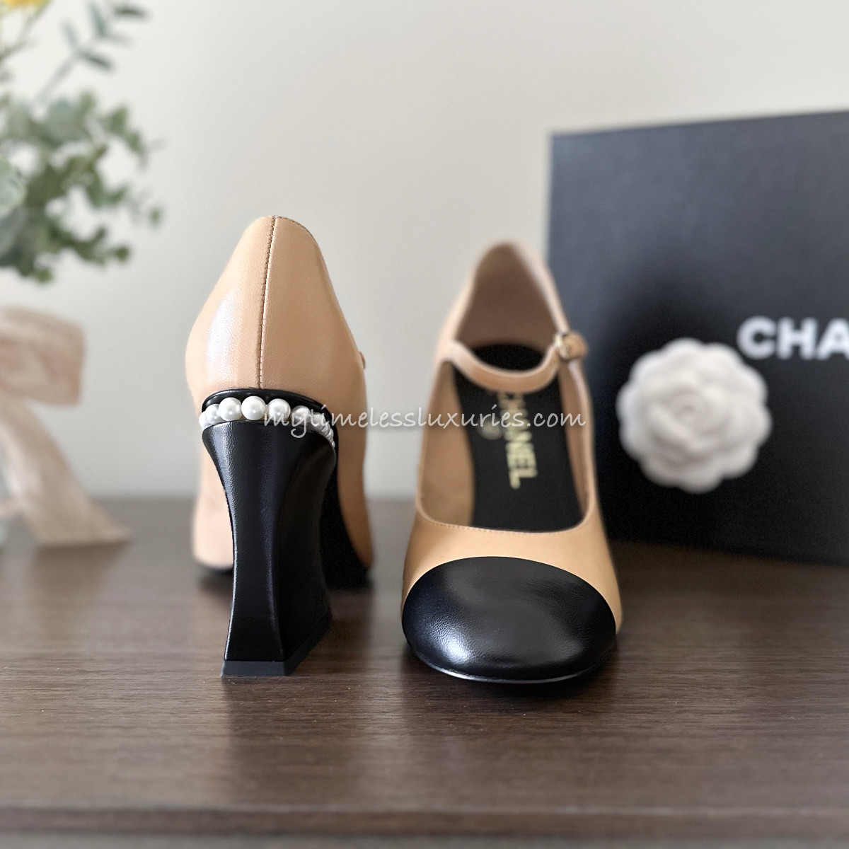 CHANEL 22A Runway Beige/ Black Pearl Embellished Shoes 36.5