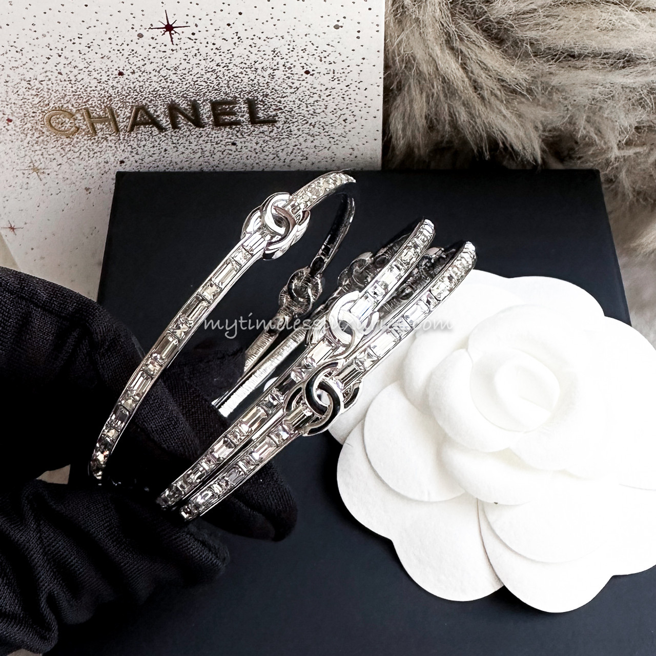 CHANEL 22P Set of 3 CC Bangles Baguette Crystals *New - Timeless