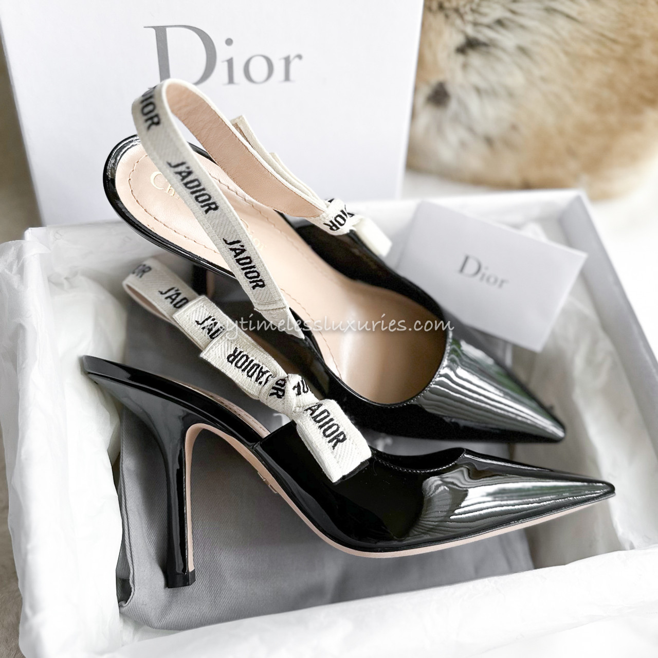 ★DIOR/ディオール★ “J’ADIOR” イヤークローラー ☆★ J'Adior Slingback Pump Black Calfskin Embroidered with White