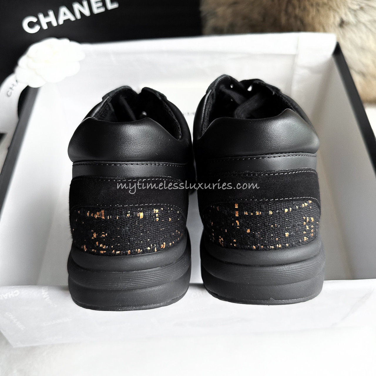 CHANEL 19A Black/ Gold Tweed & Leather Sneakers 39 *New