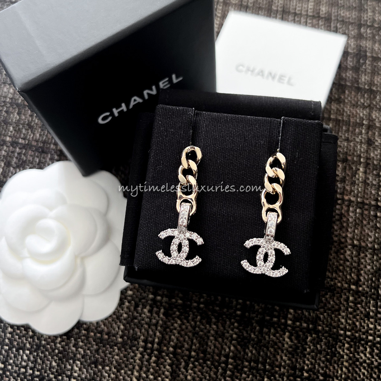 CHANEL 22S Chain Link Crystal CC Drop Earrings New  Timeless Luxuries