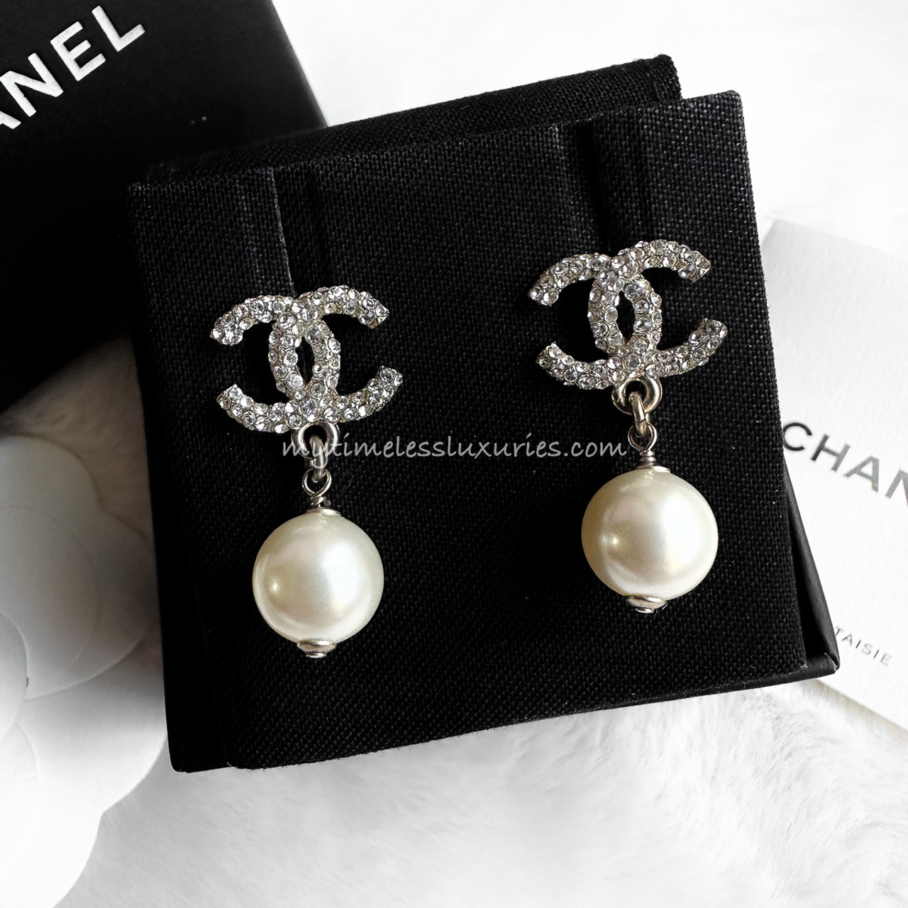 CHANEL Pave Crystal CC Pearl Drop Earrings - Timeless Luxuries