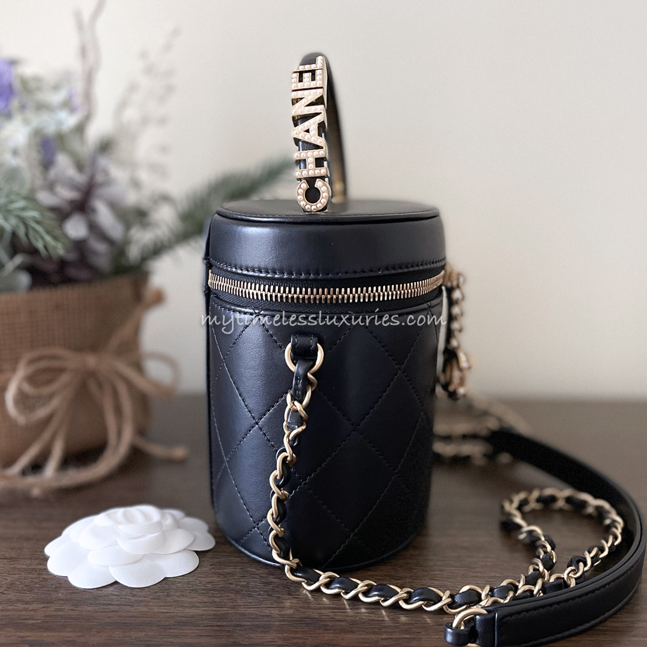 CHANEL 20B Vanity Case Pearl Embellished Logo Handle & Charm