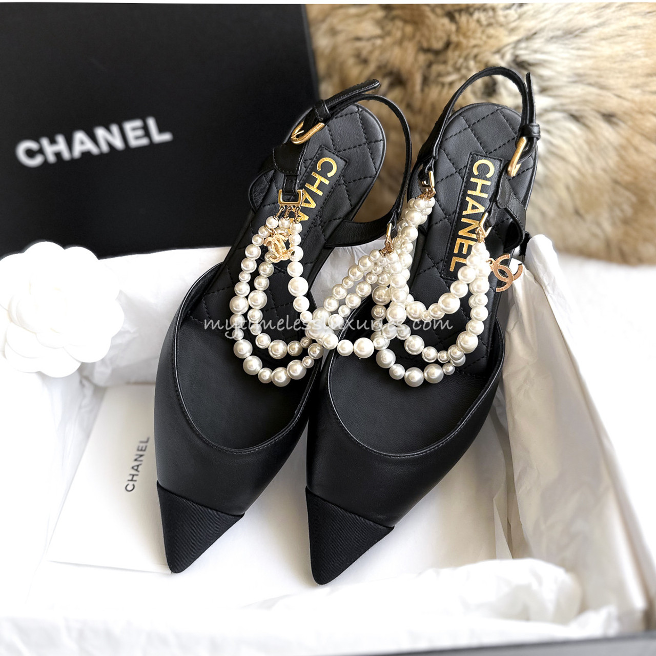 CHANEL Slingback Flats with Pearl Straps 37 *New - Timeless Luxuries