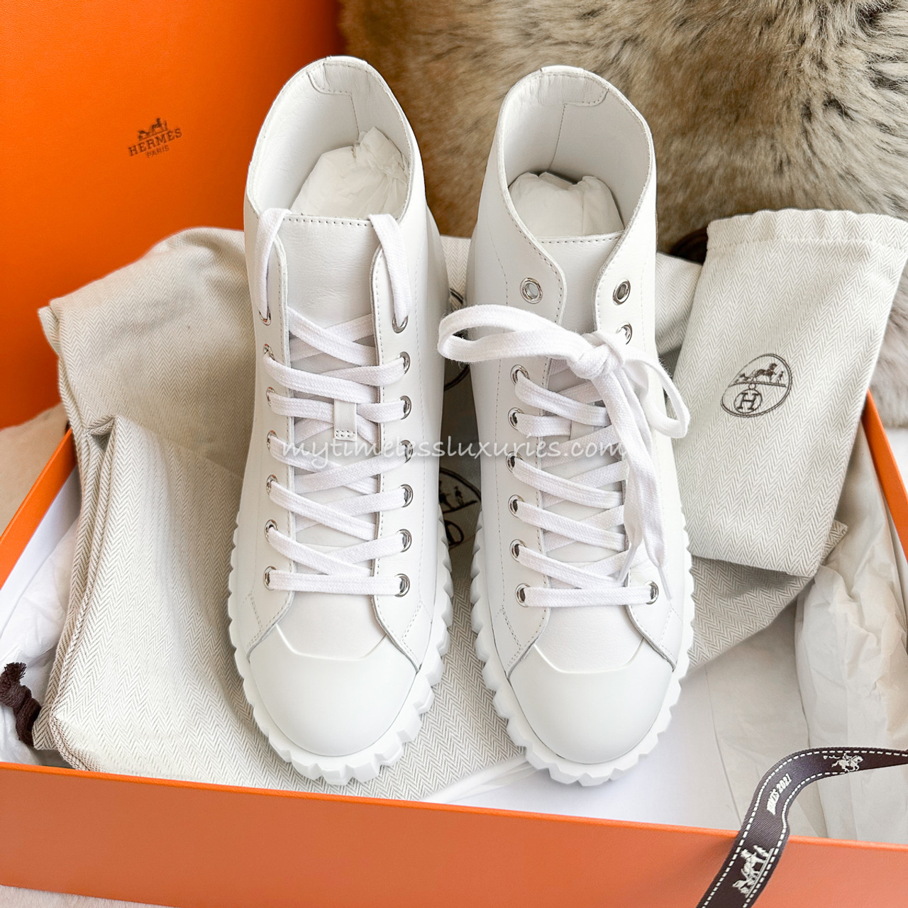 ハイカット♪【HERMES】Climbスニーカー HERMES Climb Sneaker White Calfskin 38 *New - Timeless Luxuries