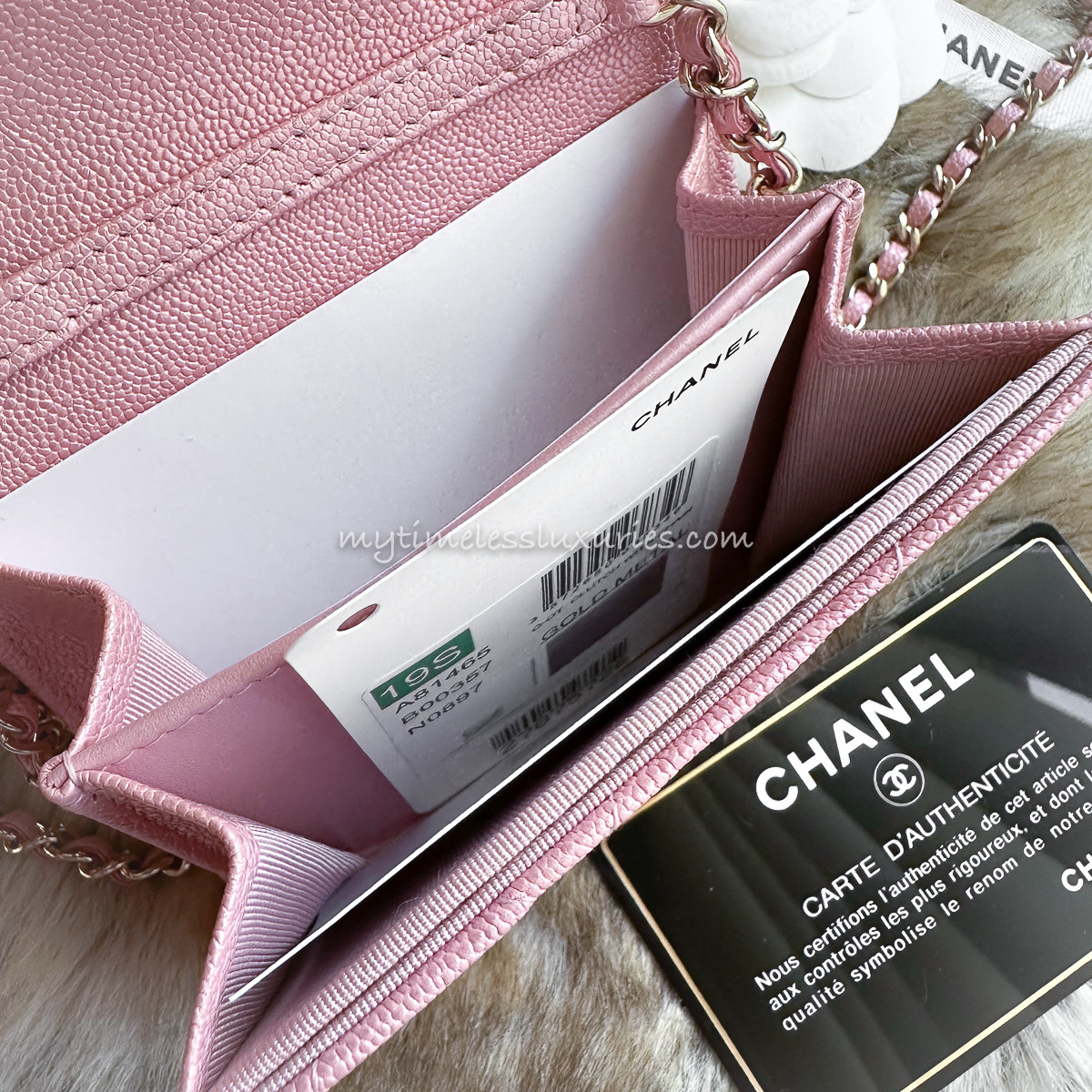 CHANEL 19S Iridescent Pink Card Holder w Chain *New - Timeless