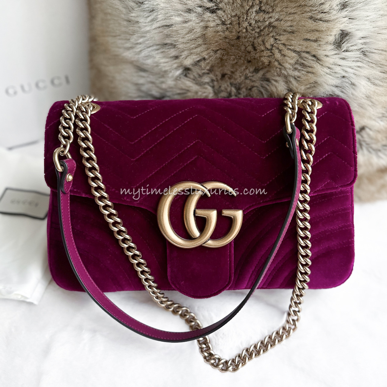 Authentic New Gucci GG Marmont Fuchsia ChevronQuilted Velvet Floral  Shoulder Bag