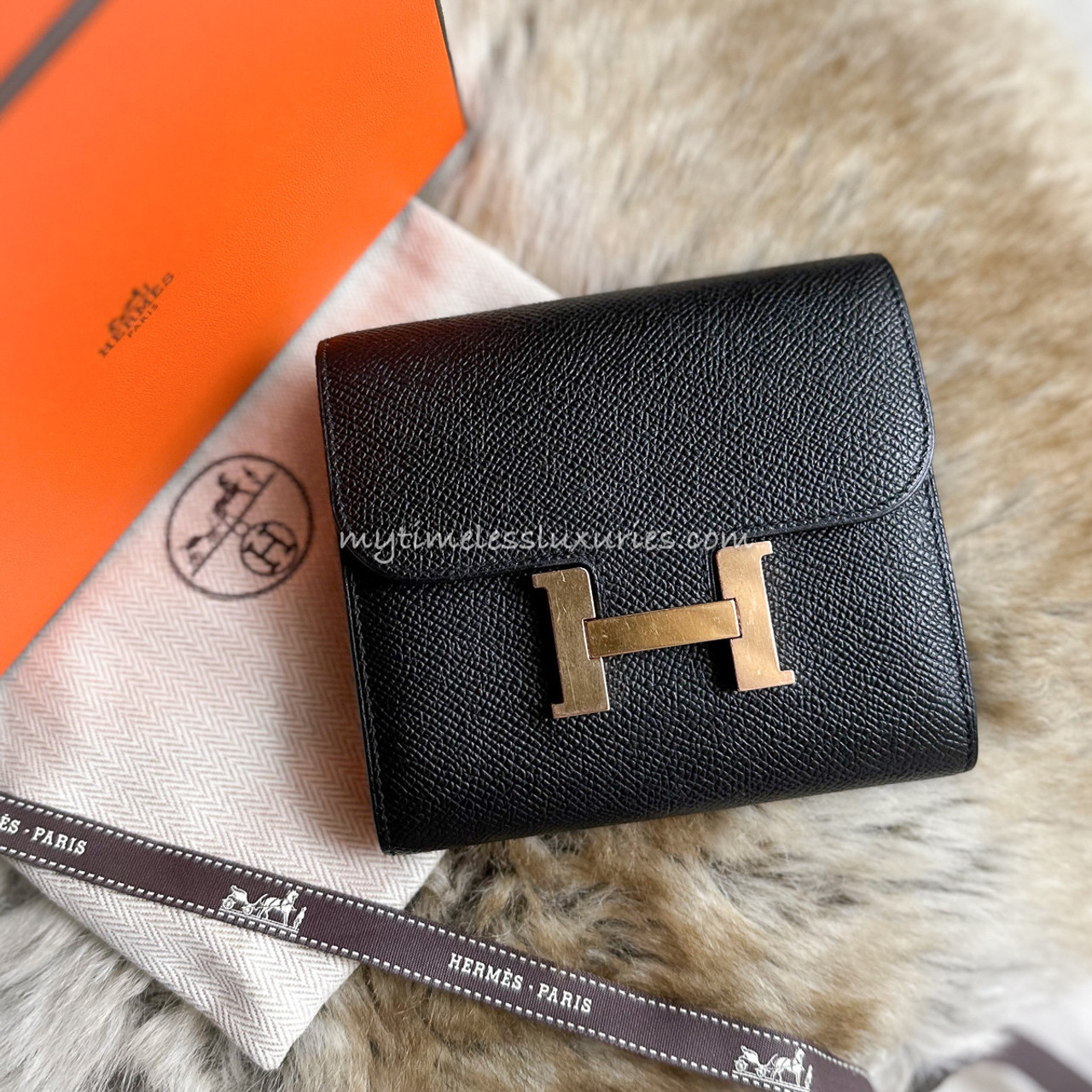 HERMES Constance Compact Wallet Noir Epsom RGHW - Timeless Luxuries