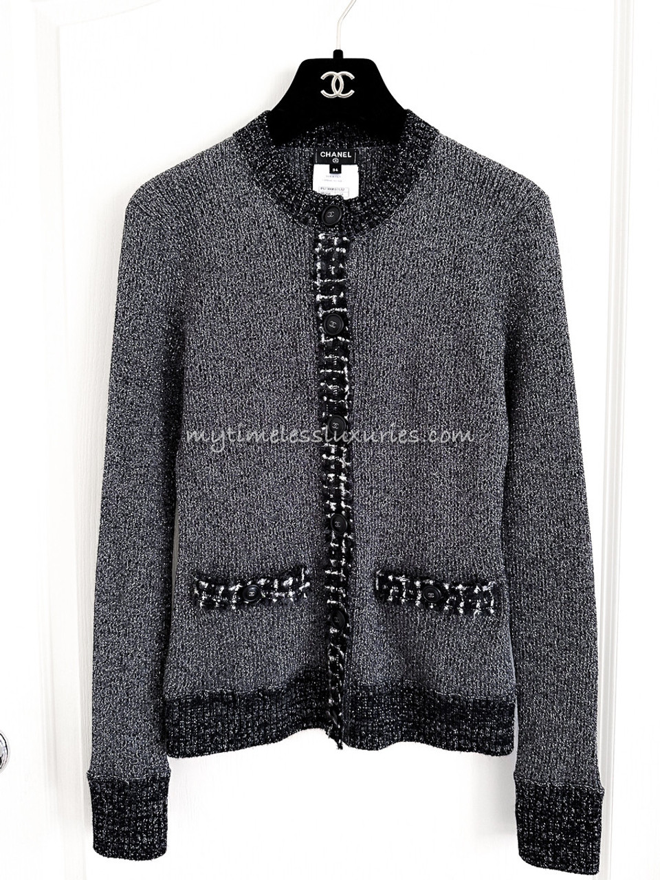 CHANEL 17B Tweed Trim Cardigan 34 Grey - Timeless Luxuries