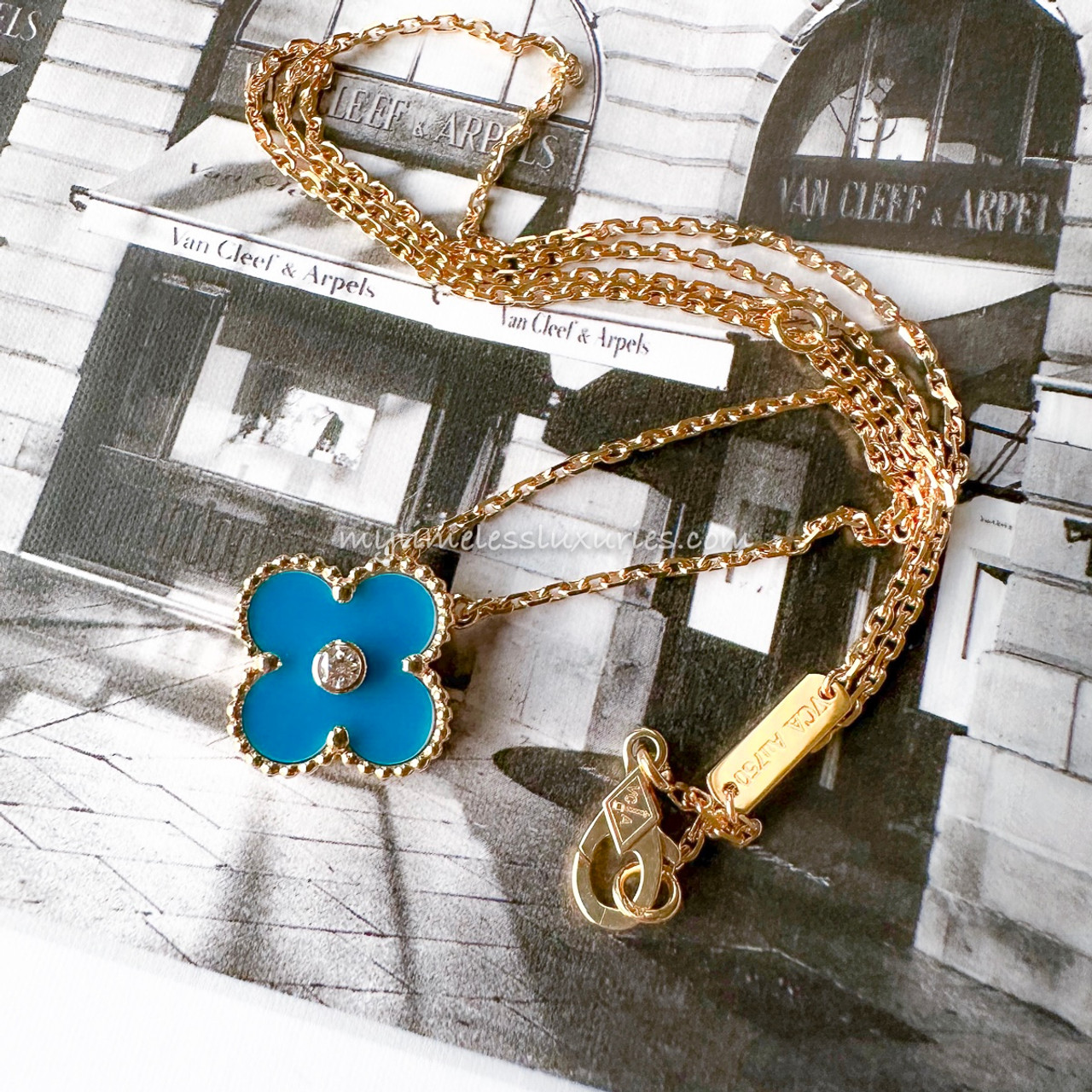 Vintage fake Van Cleef & Arpels Alhambra necklace yellow gold 10 motifs  turquoise : vancleef-jewelry