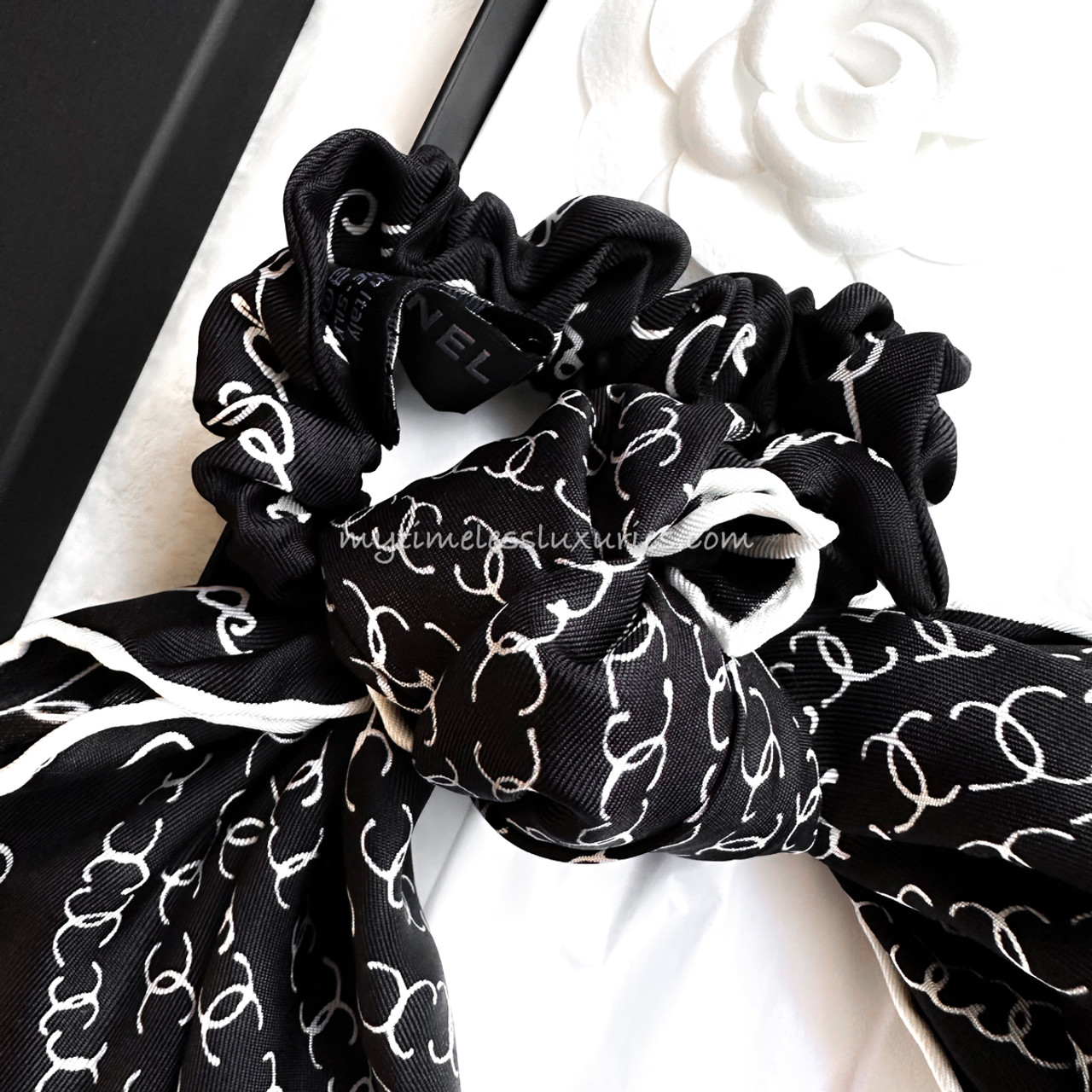 CHANEL 22C Logo Script Silk Hair Scrunchie + Scarf *New - Timeless Luxuries