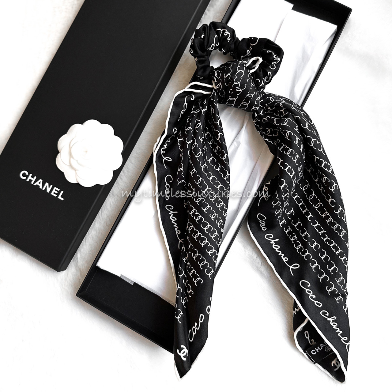 CHANEL 22C Logo Script Silk Hair Scrunchie + Scarf *New - Timeless Luxuries
