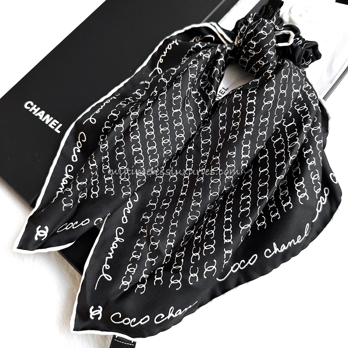 CHANEL 22C Logo Script Silk Hair Scrunchie + Scarf *New Timeless Luxuries
