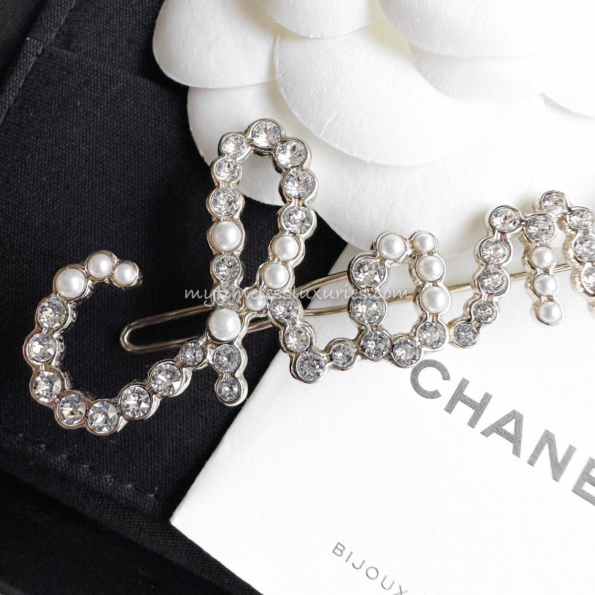 CHANEL Script Hair Clip/ Barette Pearls & Crystals Timeless Luxuries
