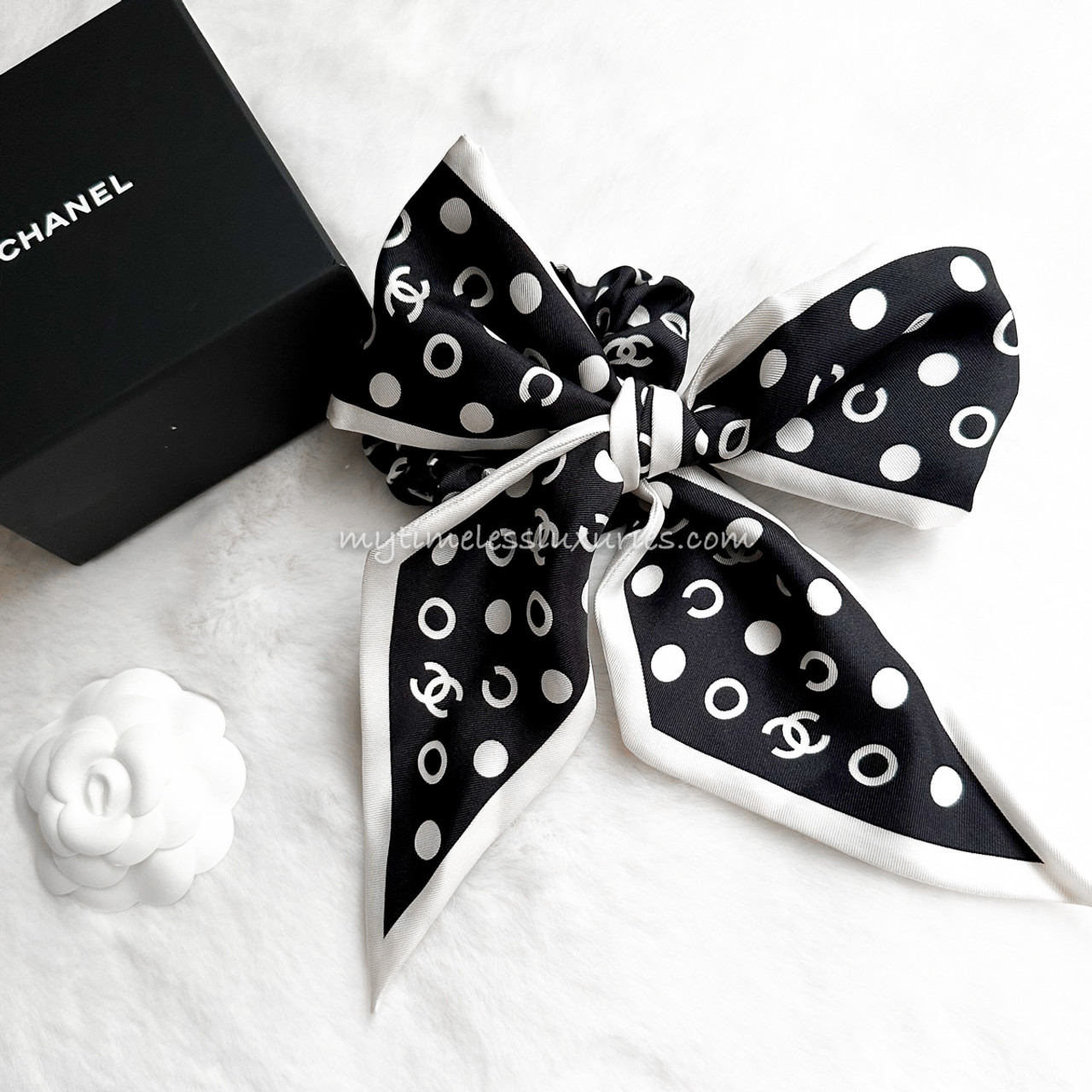 【CHANEL】CC Logo Twilly Dot Hair Scrunchie Black CHANEL Coco Polka Dot Silk Hair Scrunchie + Twilly Scarf