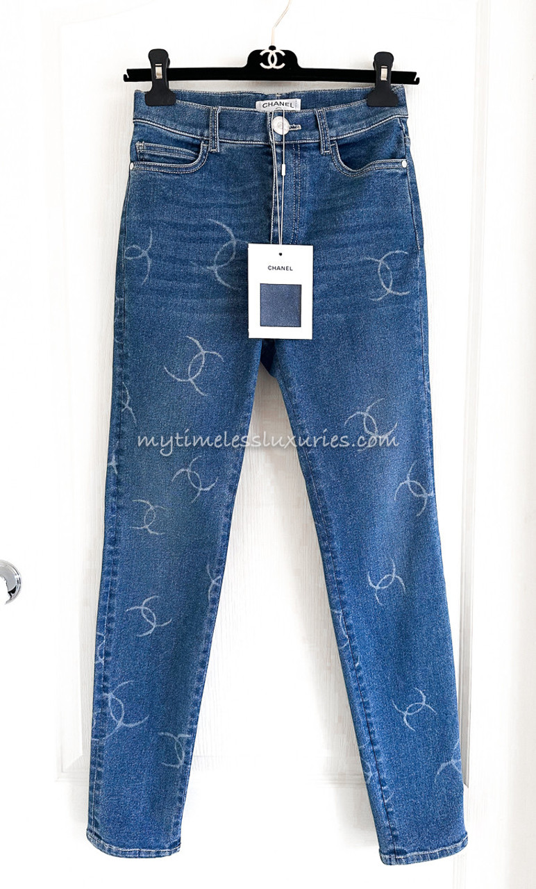 CHANEL Light Washed Blue Denim Coco Embroidered Jeans 36 CC