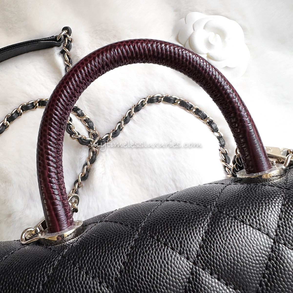 CHANEL 21P Small (Mini) Coco Handle Black/ Burgundy Lt Gold Hw
