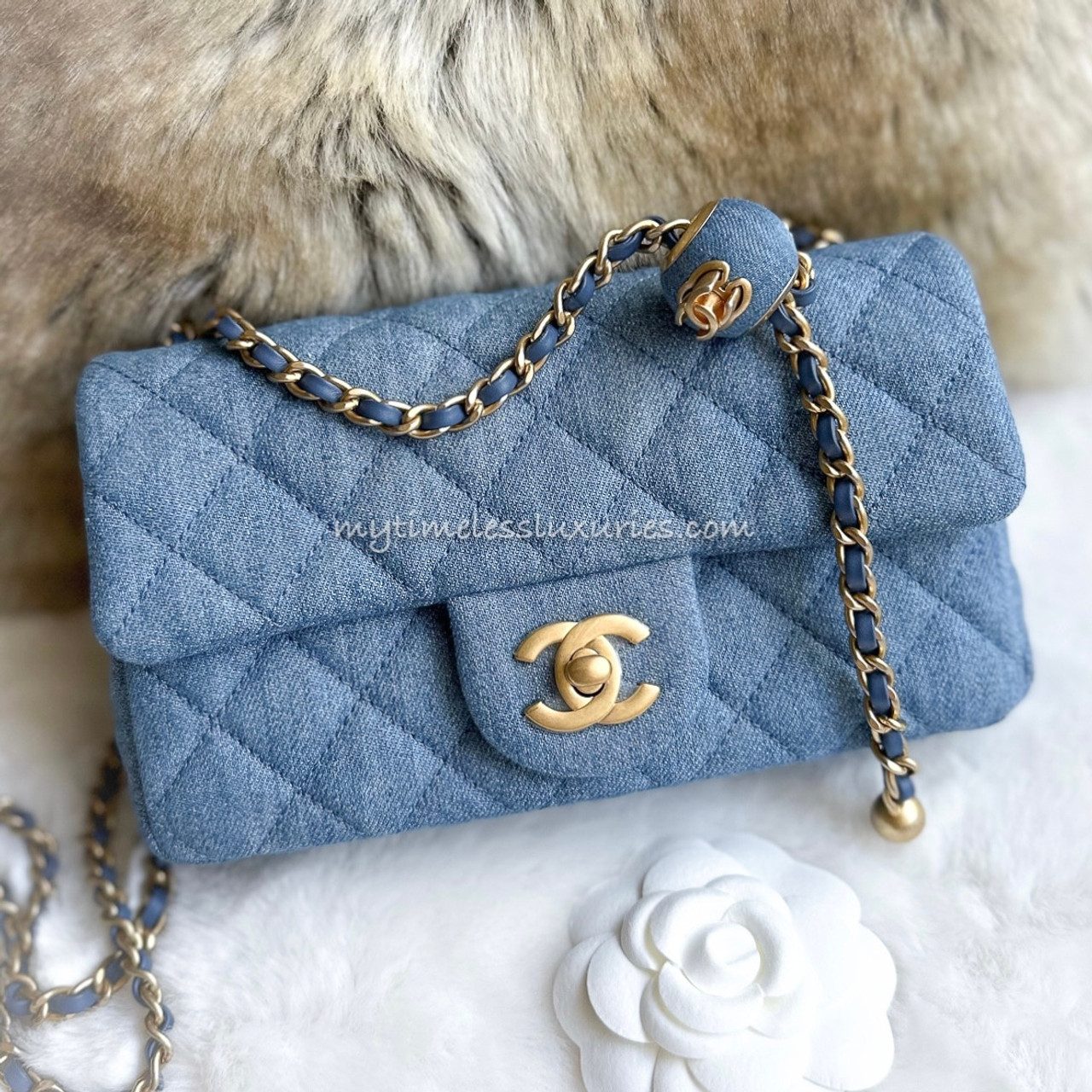 Chanel Mini Rectangular Pearl Crush Quilted Denim Aged Gold