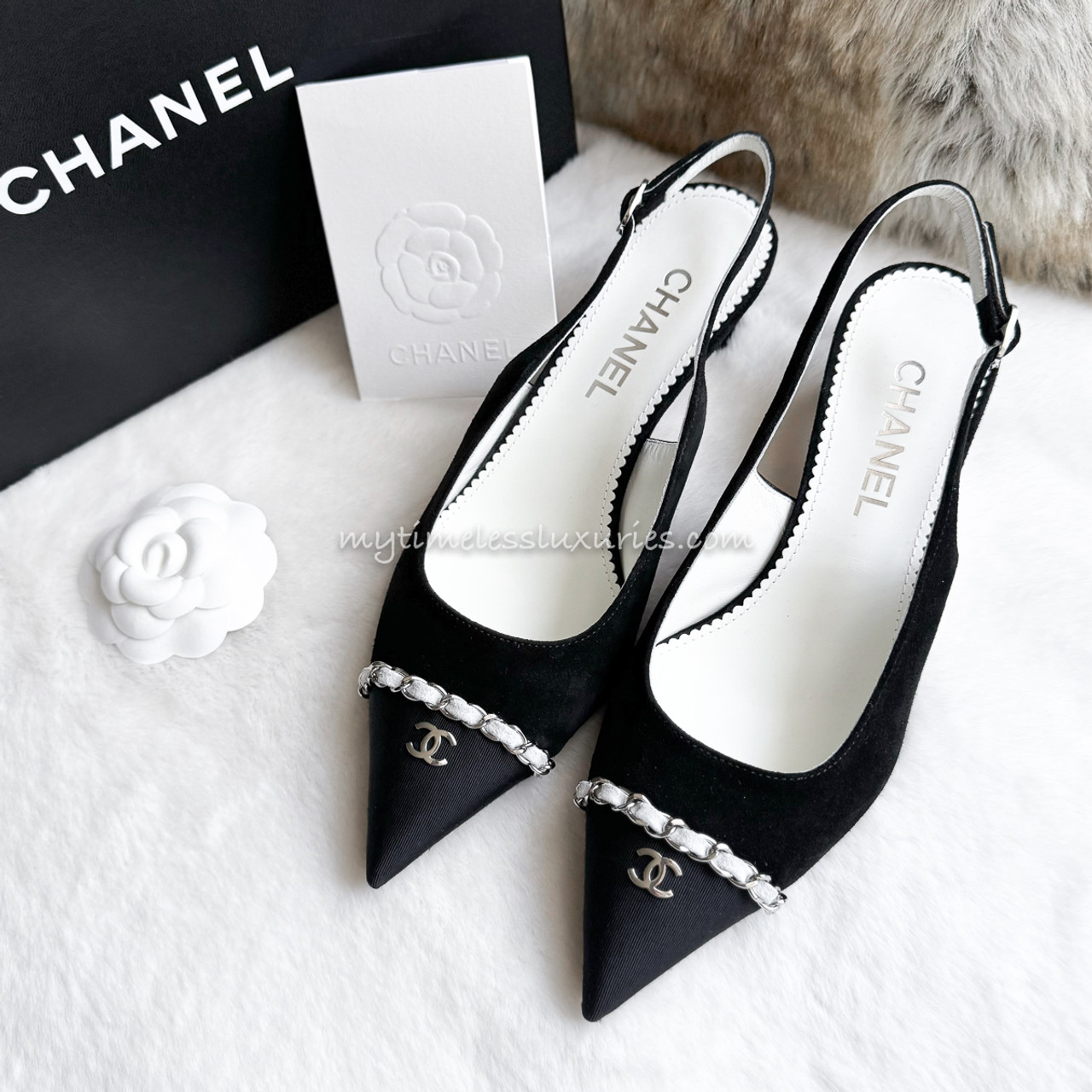 CHANEL 23P Slingback Heels Chain Details 38 *New - Timeless Luxuries