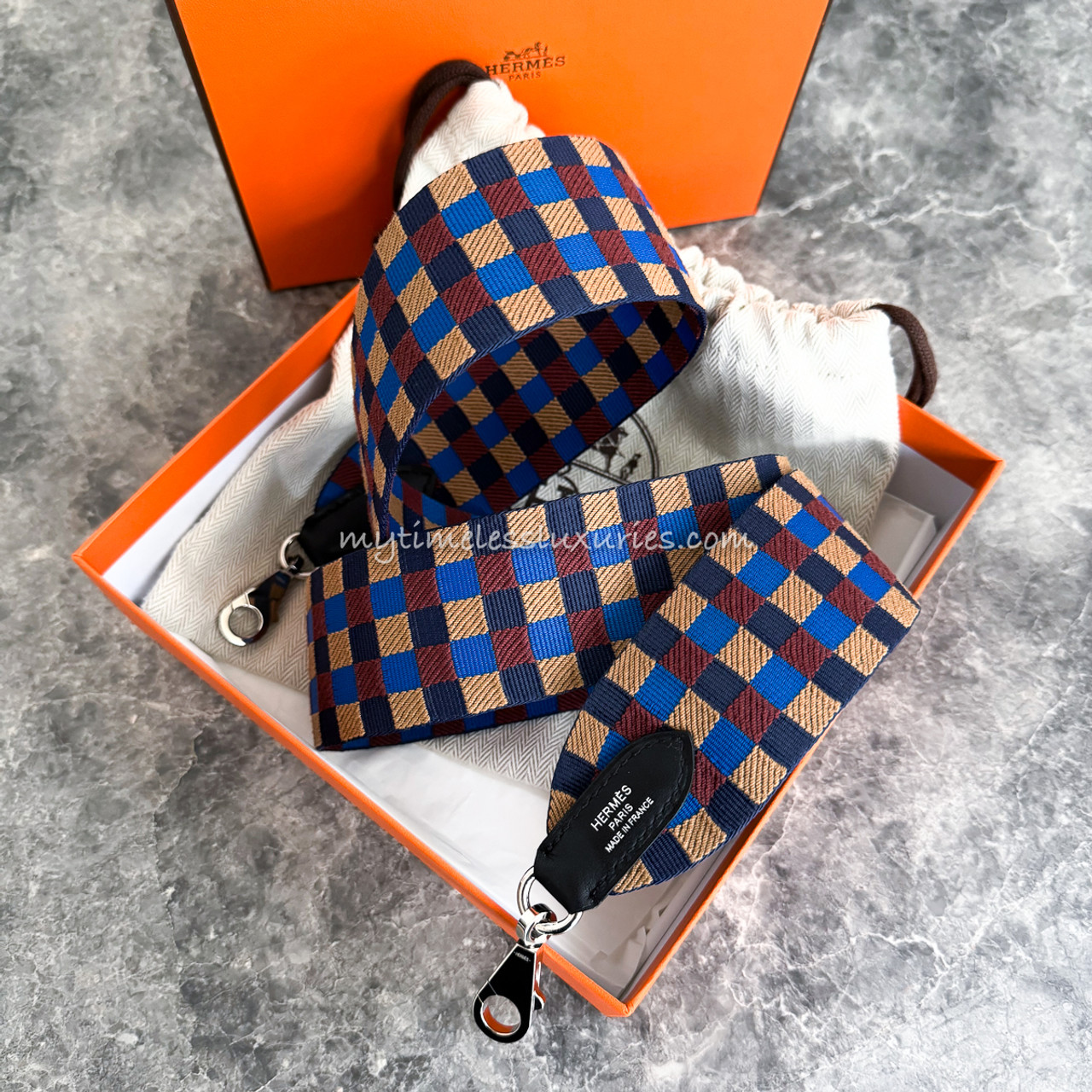 HERMES（エルメス）- Maxi Quadrille 25 mm ブルービラード HERMES Toile Swift 50mm Maxi Quadrille Shoulder Strap Bleu