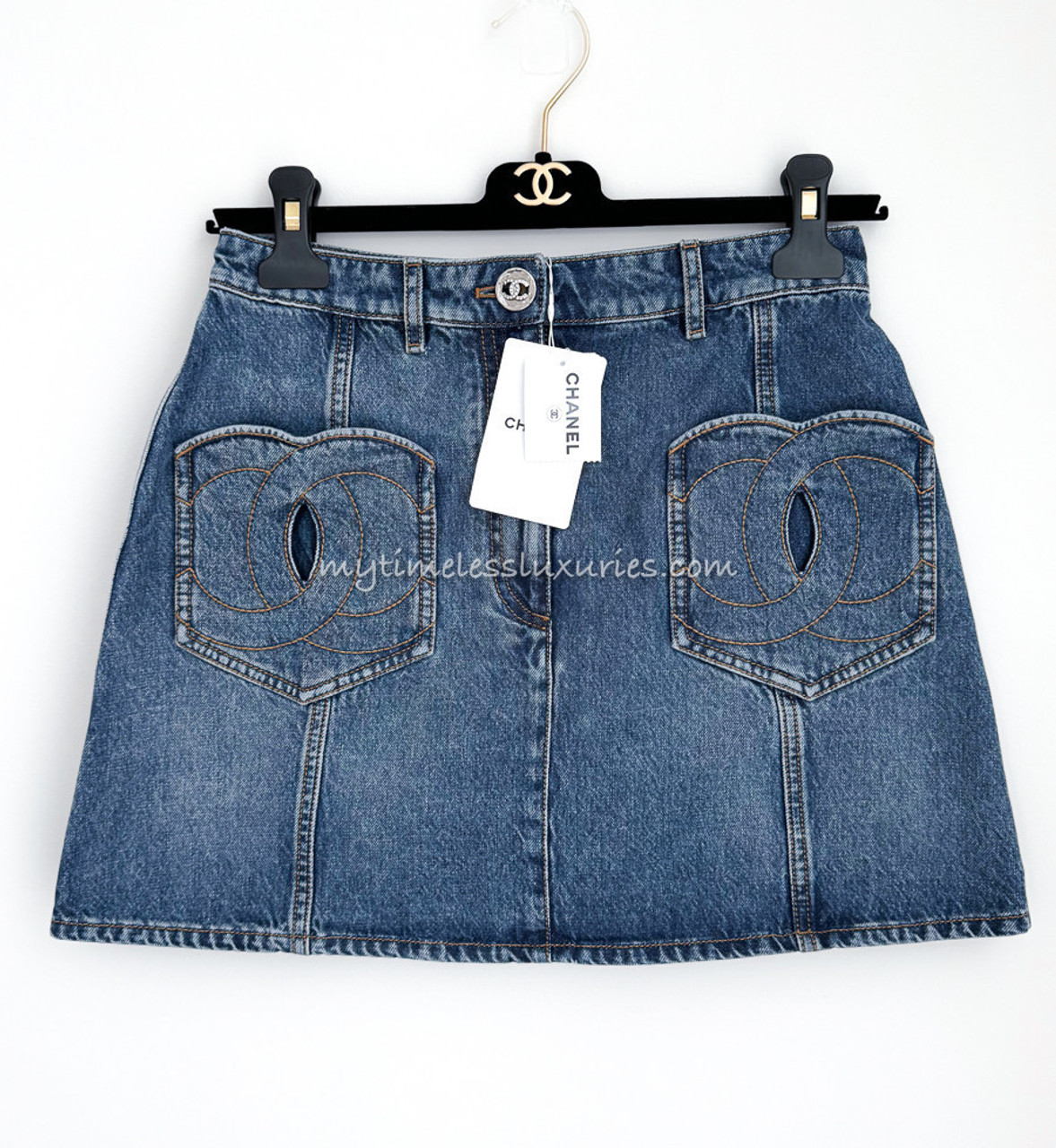 CHANEL 24P Denim Skirt CC Heart Pockets 34 *New - Timeless