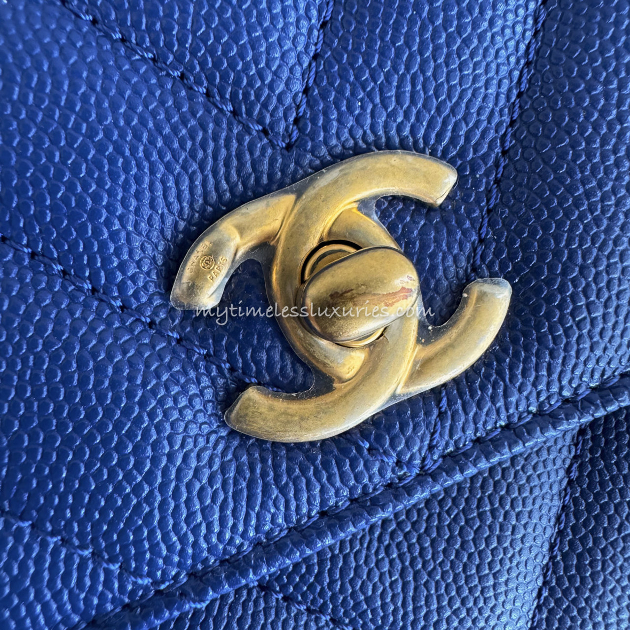 CHANEL Royal Blue Caviar Chevron Coco Handle GHW - Timeless
