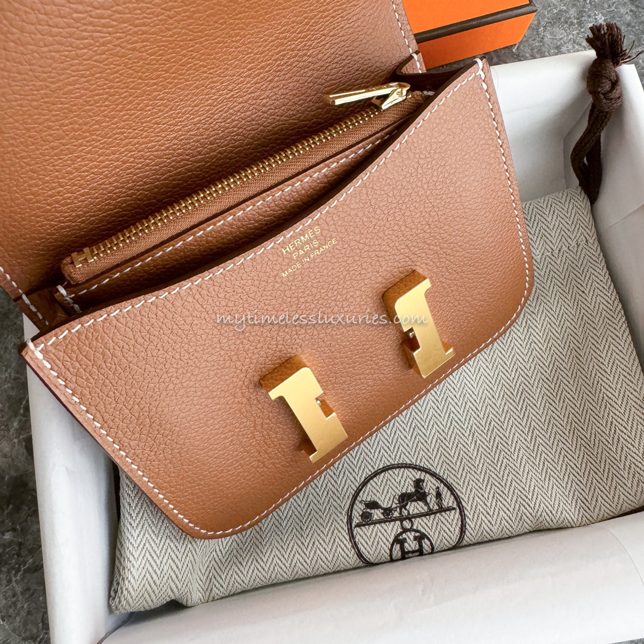 HERMES Constance Slim Wallet Gold Evercolor GHW *New