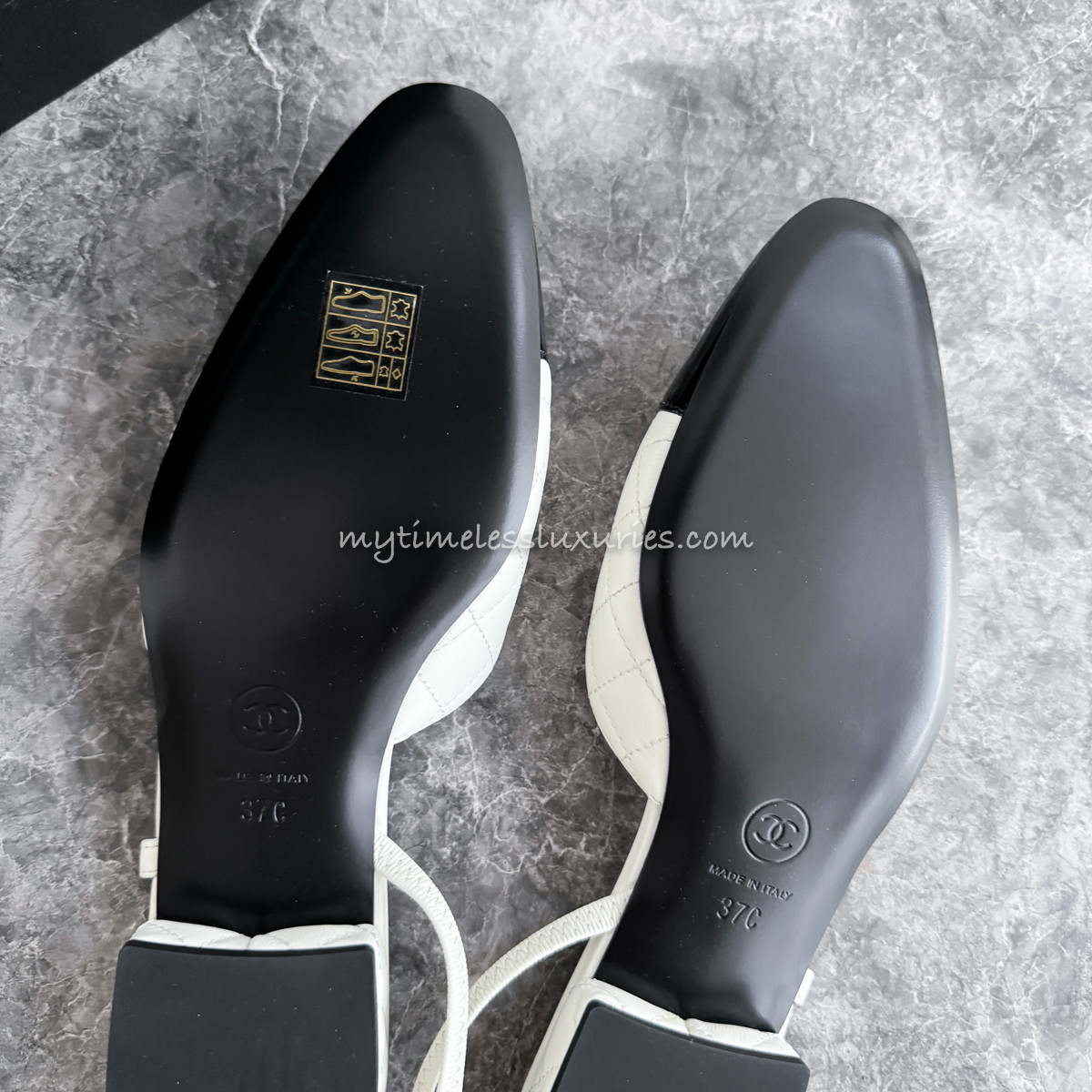 CHANEL Two Tone Quilted Slingback Flat White/ Black 37 *New - Timeless ...