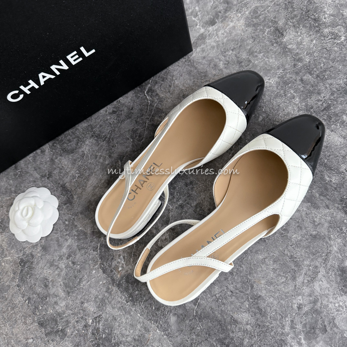 CHANEL Two Tone Quilted Slingback Flat White/ Black 37 *New - Timeless ...
