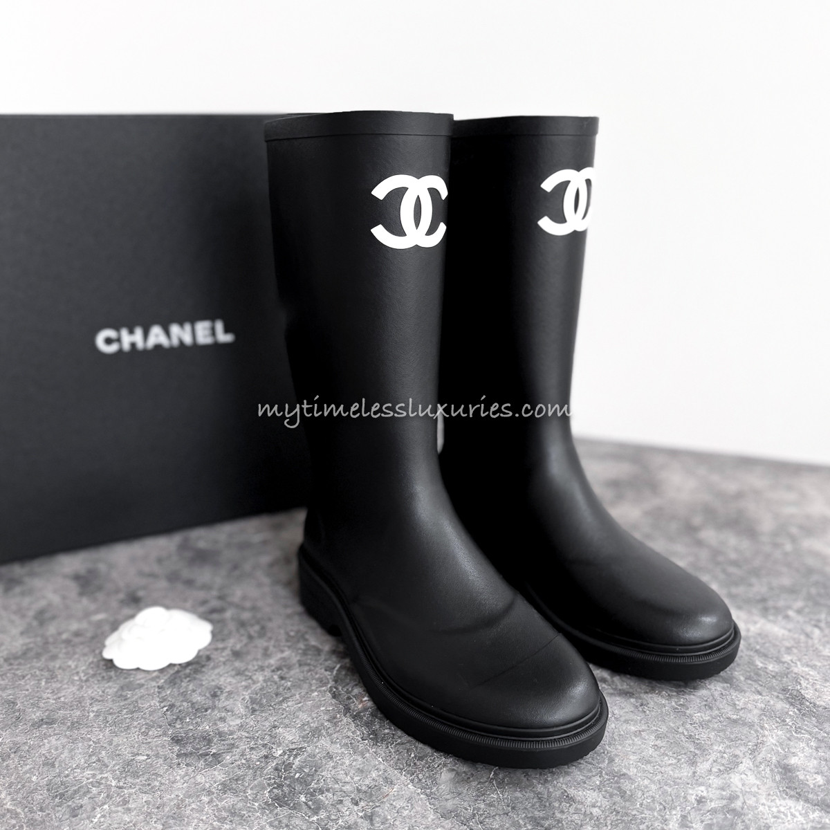 CHANEL CC Rubber Rain Boots 38 *New - Timeless Luxuries