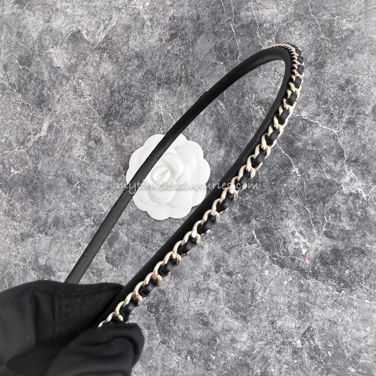 CHANEL 22B Interlaced Chain & Leather Logo Headband - Timeless