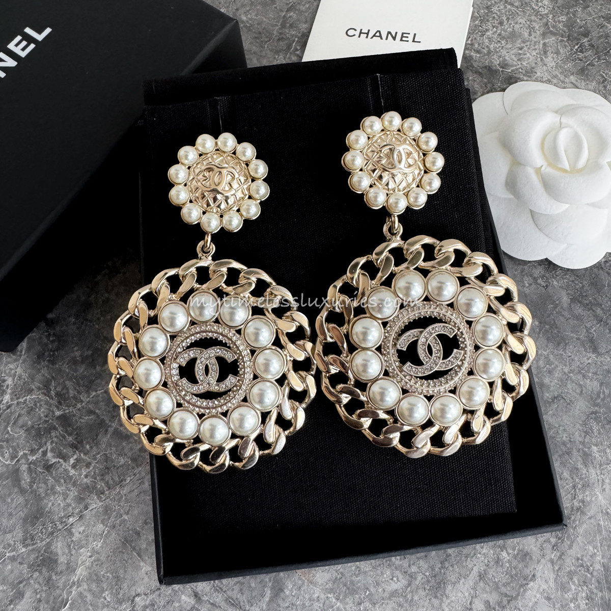 CHANEL 20S CC Medallion Drop Earrings Pearls Crystals Timeless