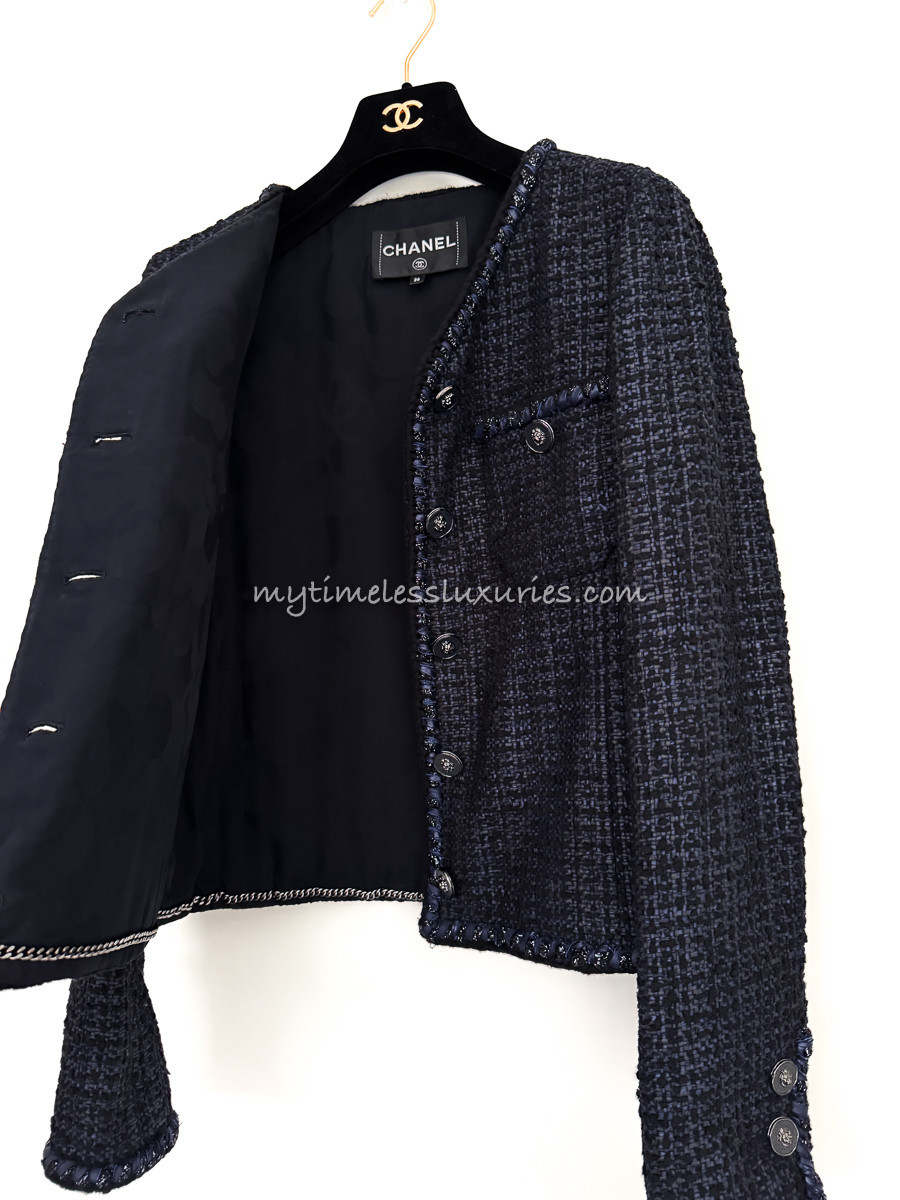 CHANEL 22P Navy/ Black Tweed Jacket Braided Trim 36 - Timeless