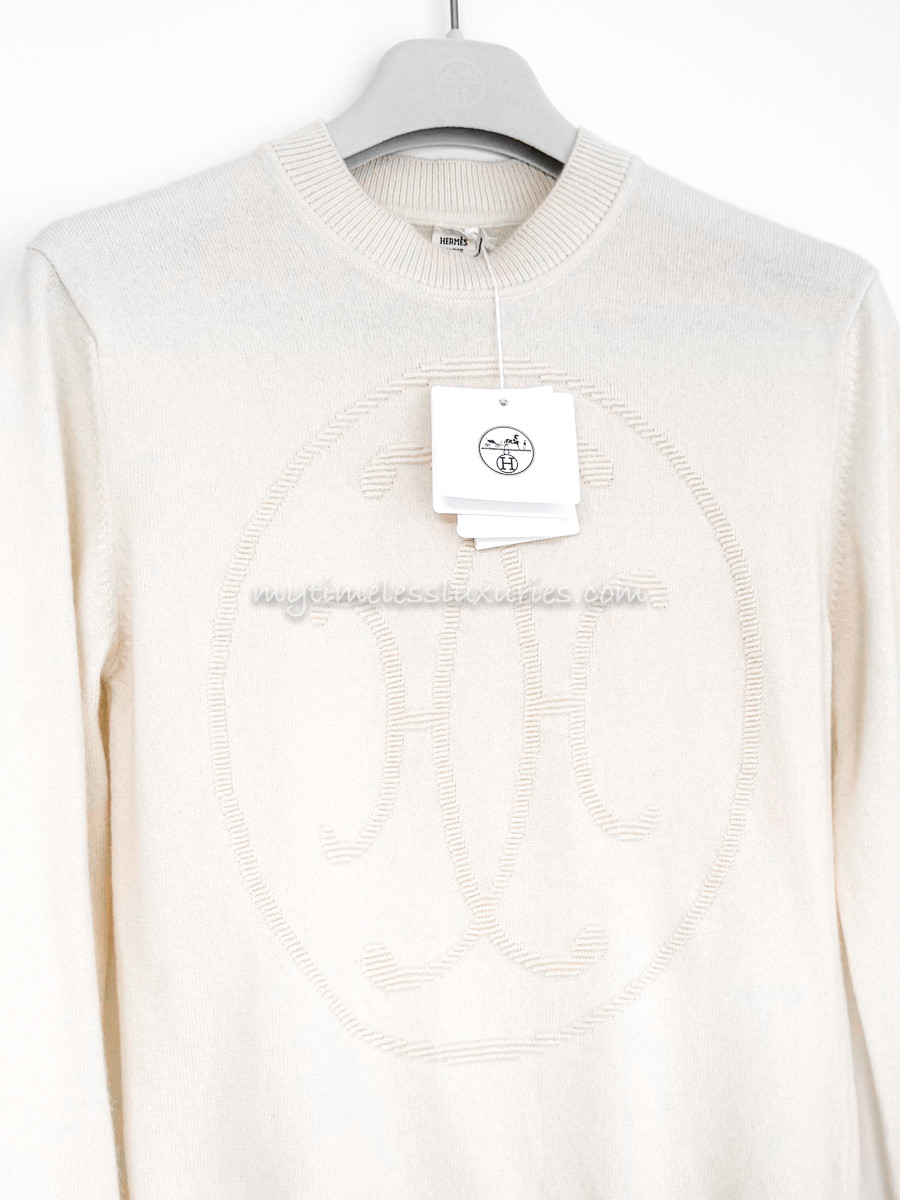 HERMES 2024 'H Lift' Cashmere Sweater Blanc Nature 36 *New