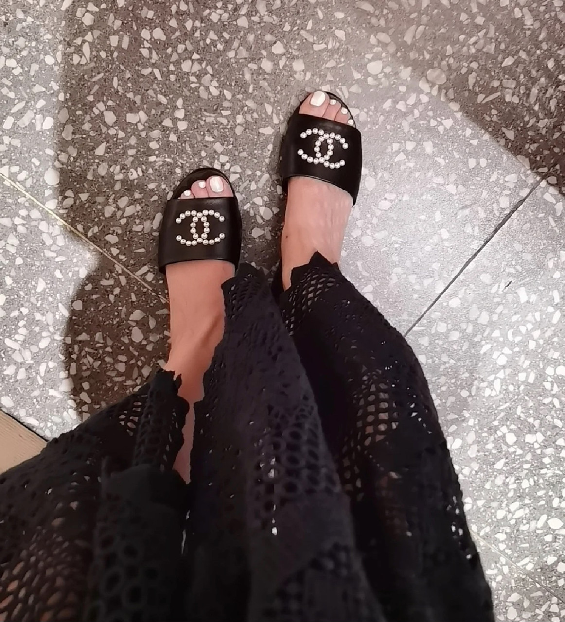 CHANEL Pearl CC Logo Flat Mule Sandals 37.5 *New - Timeless  Chanel 23C CC logo Perls crystals embellished tandals size 37.5 main image 0