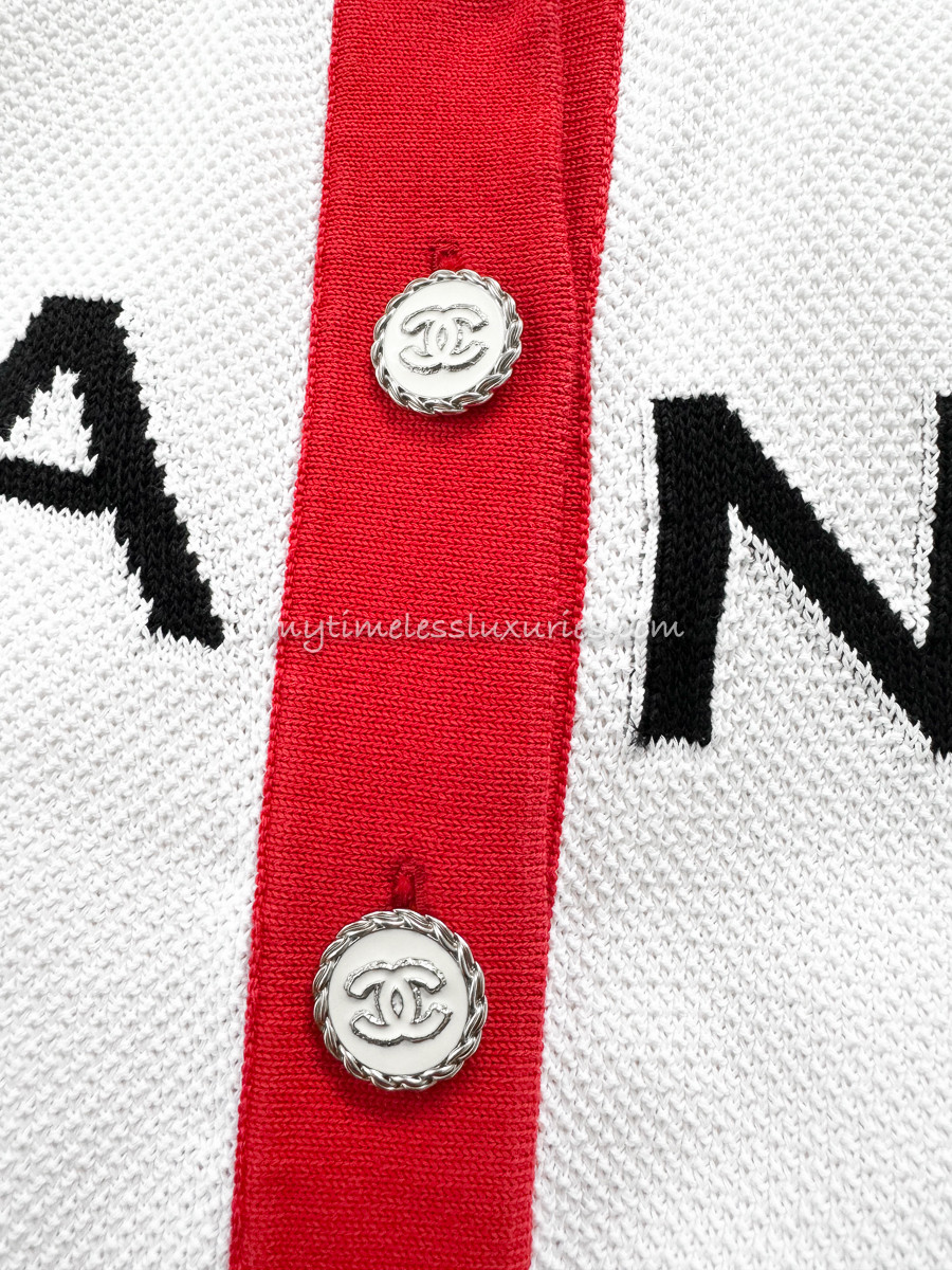 CHANEL 19S 'CHA NEL' Cotton Cardigan 40 White/ Red - Timeless Luxuries
