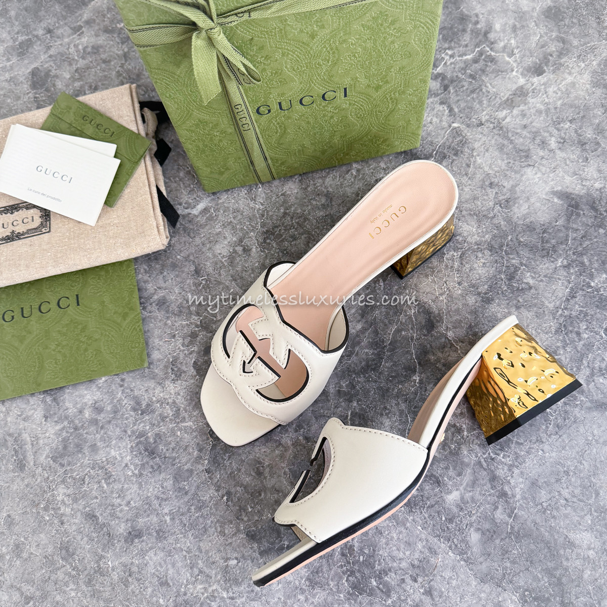 GUCCI Interlocking GG Slides Mules Cream/ Gold 37 *New - Timeless