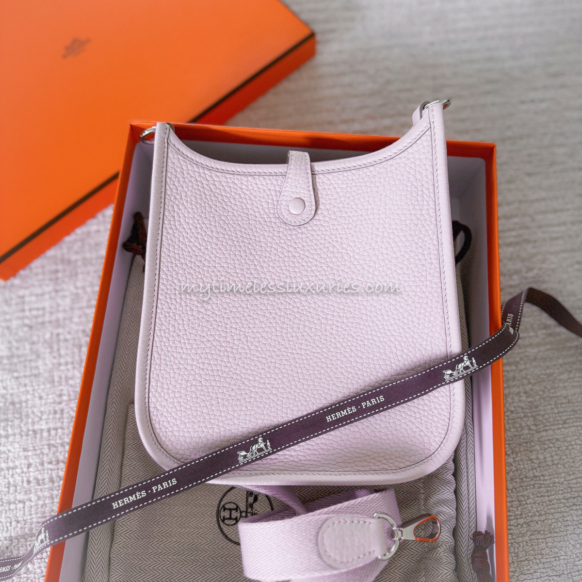 HERMES 2024 Mini Evelyne TPM 16 Mauve Pale PHW - Timeless Luxuries
