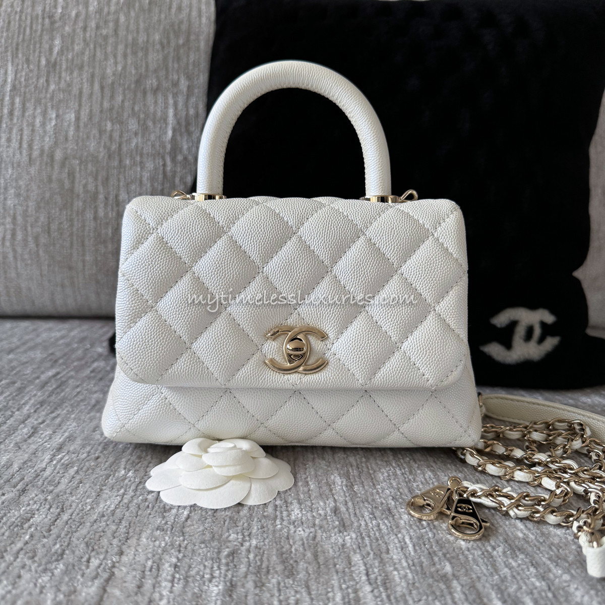 CHANEL 20K Iridescent Ivory White Mini Coco Handle LGHW - Timeless