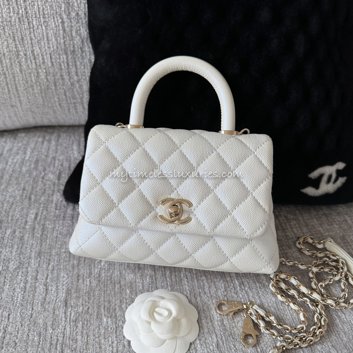 CHANEL 20K Iridescent Ivory White Mini Coco Handle LGHW - Timeless