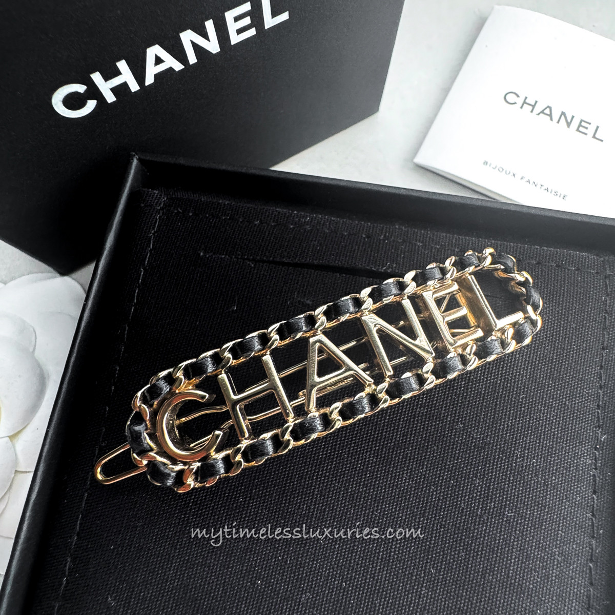 CHANEL Interlaced Chain & Leather Letter Logo Hair Clip - Timeless