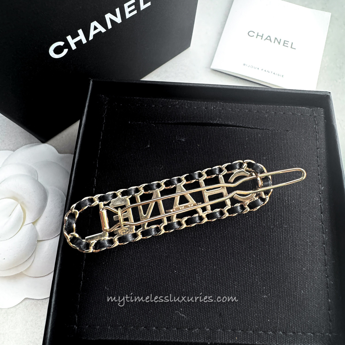 CHANEL Interlaced Chain & Leather Letter Logo Hair Clip - Timeless