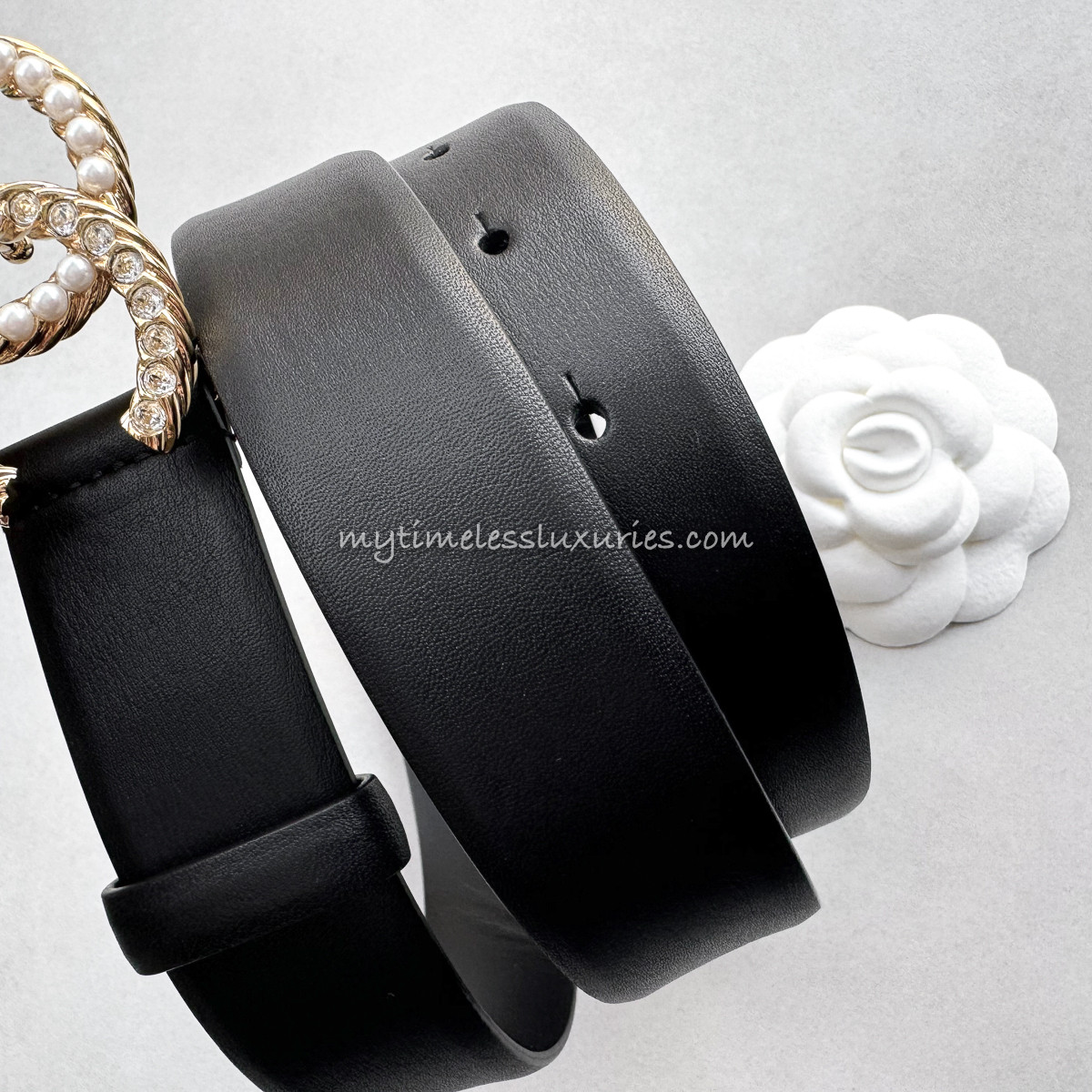 CHANEL 23A CC Buckle Leather Belt Pearls & Crystals 80 