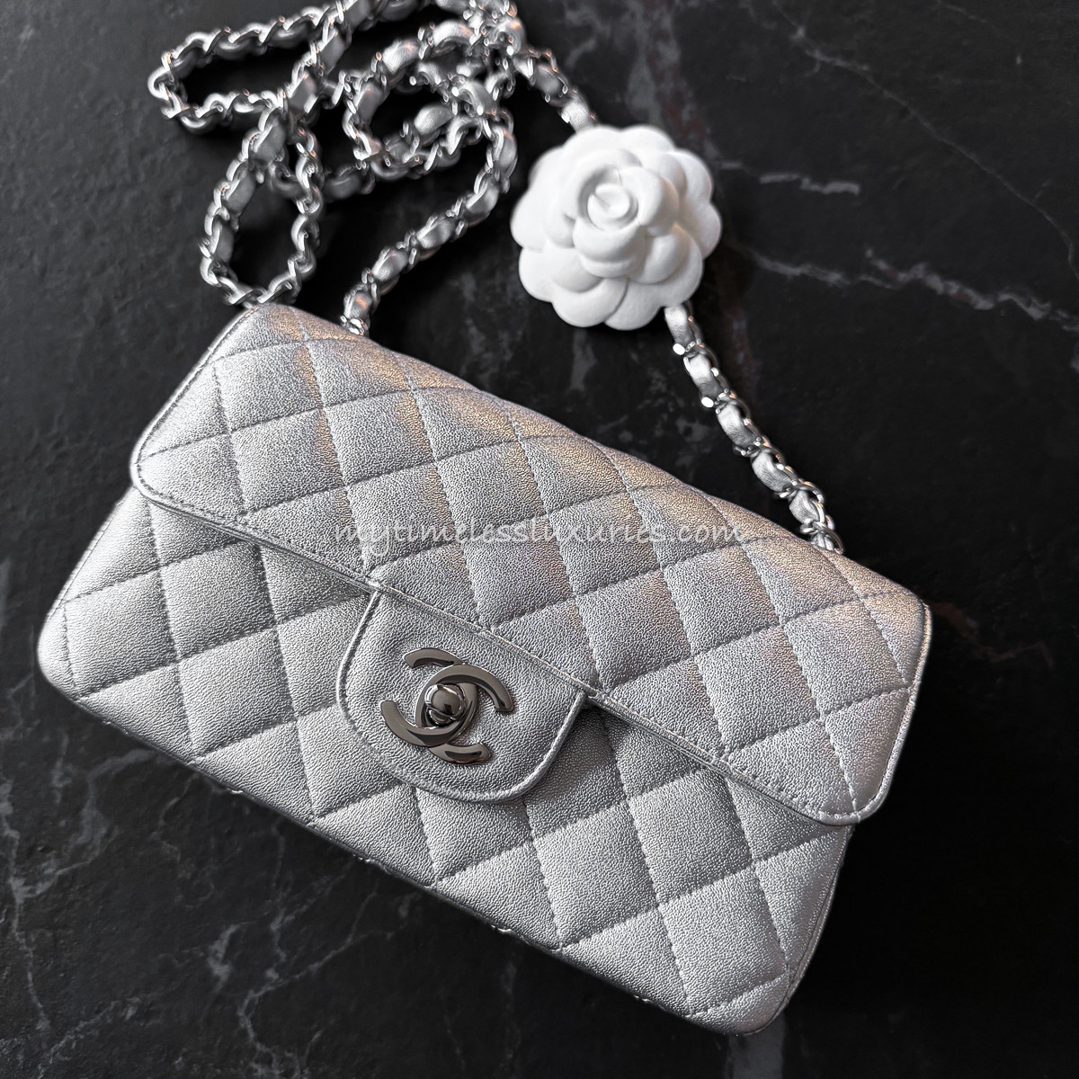 CHANEL 21P Iridescent Silver Mini Rectangle Flap Bag *New