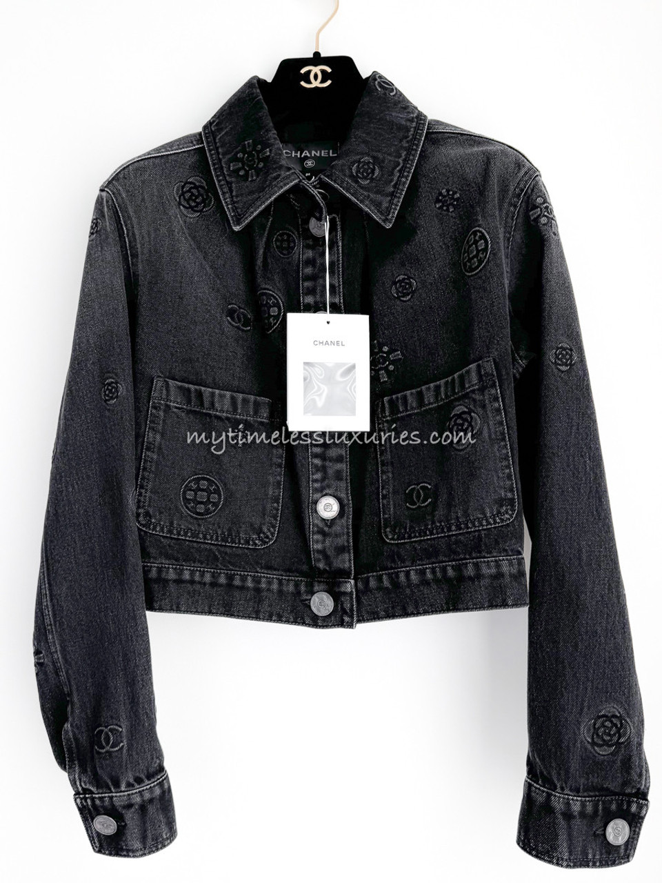 CHANEL 21P Logo Embossed Denim Jacket 36 *New - Timeless