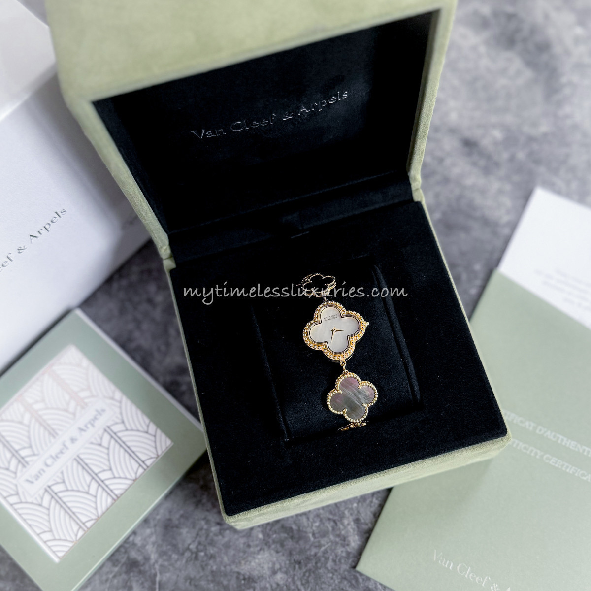 Van Cleef & Arpels Alhambra Watch 18K YG White MOP/ Grey MOP/ Onyx